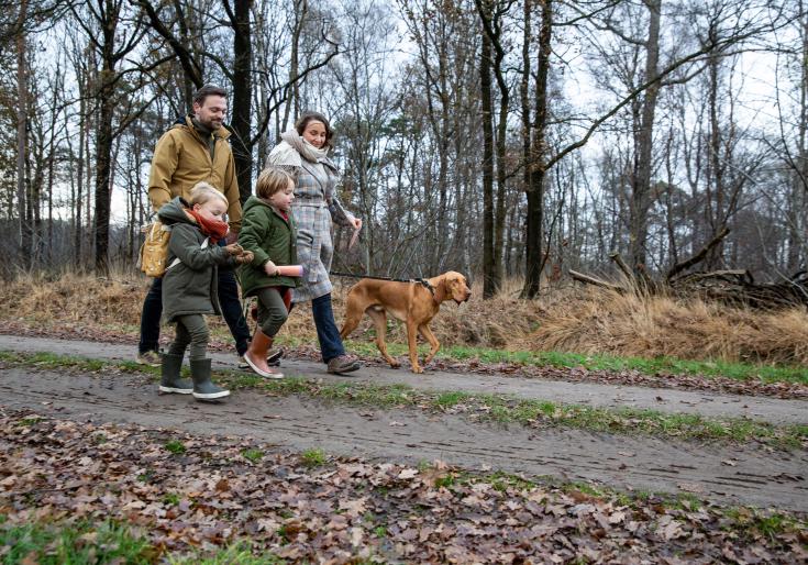 Gezin dat op wandel is met de hond