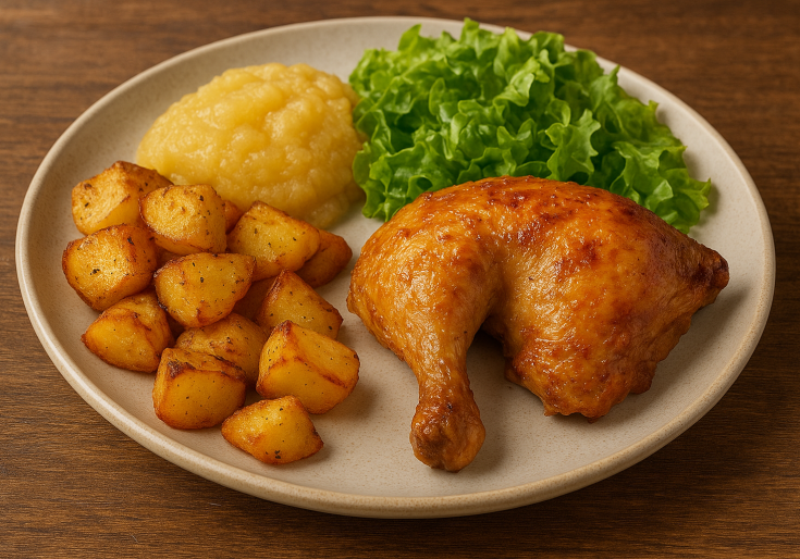 Bord met kip, patatjes, appelmoes en een slaatje