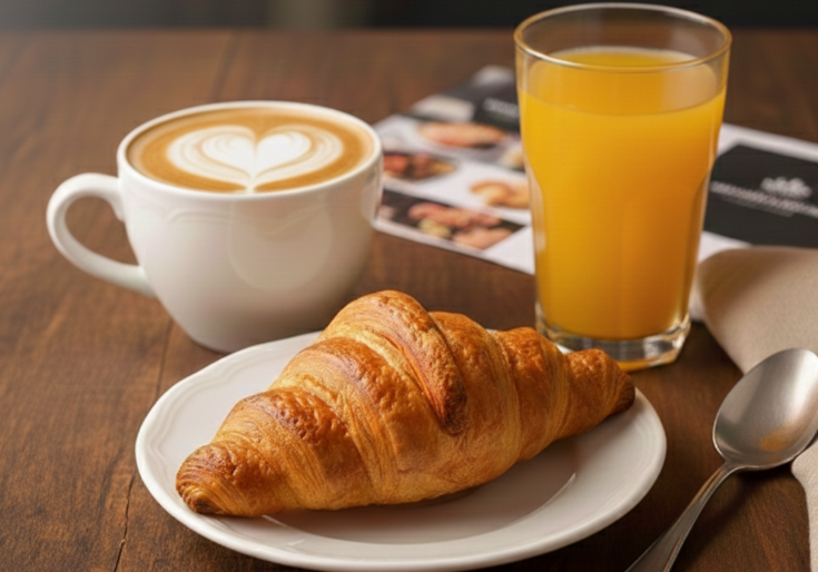 Ontbijt met koffie, croissant en fruitsap