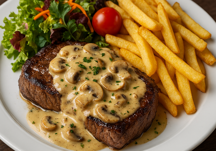 Bord met steak en champignonsaus